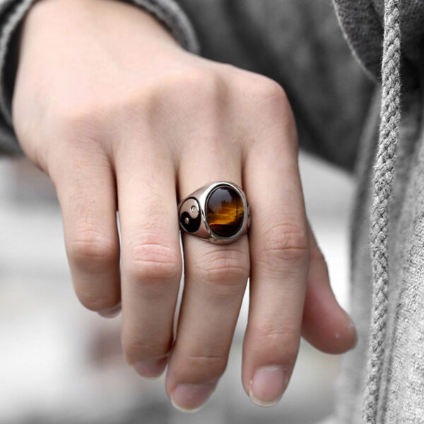 Bague Oeil du tigre Yin Yang - Pierre naturelle de qualité supérieure